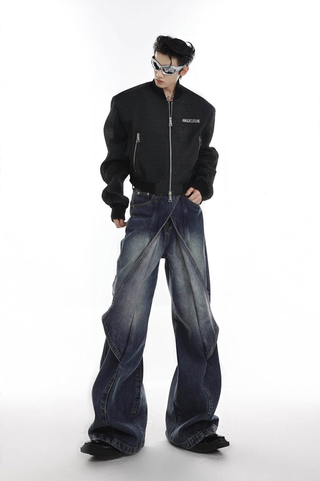 Distressed Denim Patchwork Jeans - Convertible Flare Design